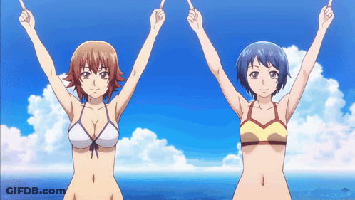 Two Anime Girls In Bikinis Holding Up Arms GIF