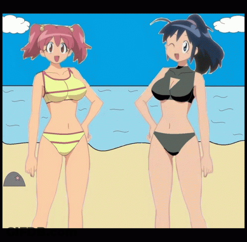 Two Anime Girls In Bikinis Stand On A Beach GIF