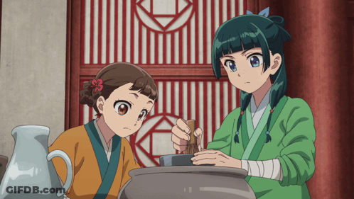 Two Anime Girls In Front Of Striped Wall GIF