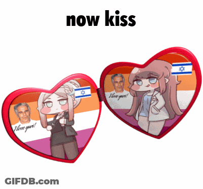Two Anime Girls In Heart Frames Saying Now Kiss GIF