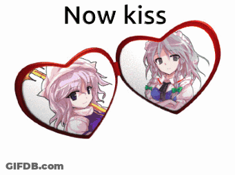Two Anime Girls In Heart Frames Saying Now Kiss GIF