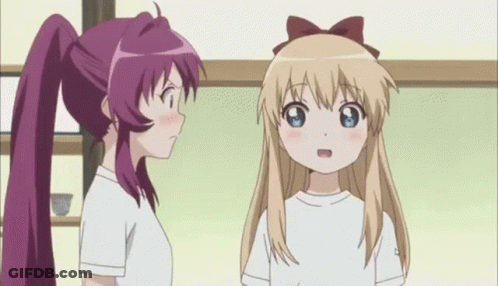 Two Anime Girls Kissing Each Other On Cheeks GIF