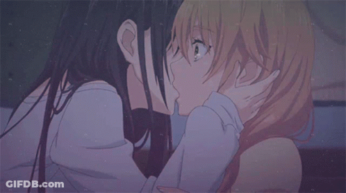 Two Anime Girls Kissing Each Other On The Cheek GIF