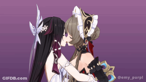 Two Anime Girls Kissing On Purple Background Emy Purpl GIF