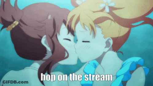 Two Anime Girls Kissing Saying Hop On Stream GIF