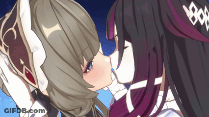 Two Anime Girls Kissing With Chinese Symbol GIF