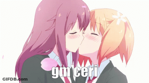 Two Anime Girls Kissing With The Words Gm Ceri In The Corner GIF