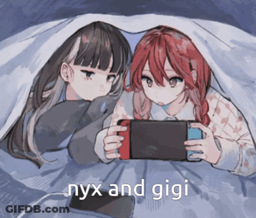 Two Anime Girls Laying Under A Blanket Looking At A Nintendo Switch With The Words Nyx And Gigi Above Them GIF
