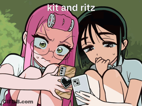 Two Anime Girls Looking At Cell Phone With Kit And Ritz GIF