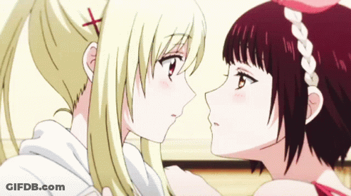Two Anime Girls Looking At Each Other One With Cross On Head GIF