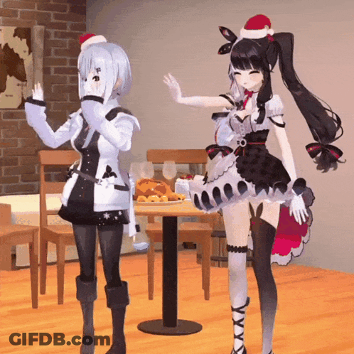Two Anime Girls Next To Table With Turkey GIF