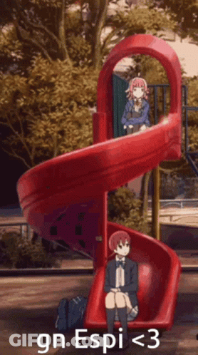 Two Anime Girls On Red Slide With Gn Espi <3 GIF