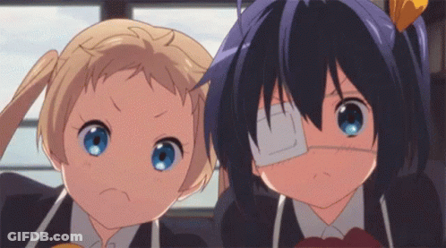 Two Anime Girls One Bandaged Eye Looking Camera GIF
