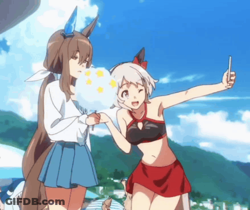 Two Anime Girls One Holding Cotton Candy One Taking Picture GIF