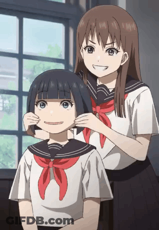 Two Anime Girls One Putting Red Scarf Around Other GIF