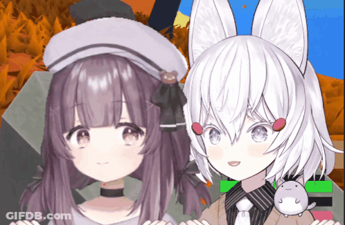 Two Anime Girls One Wearing Hat With Teddy Bear GIF
