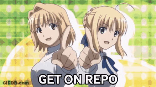 Two Anime Girls Pointing At The Viewer With The Words Get On Repo In The Upper Right Corner GIF
