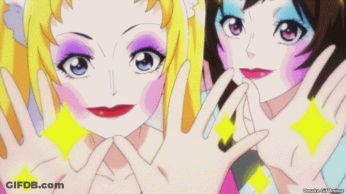 Two Anime Girls Posing, One Purple Eye GIF
