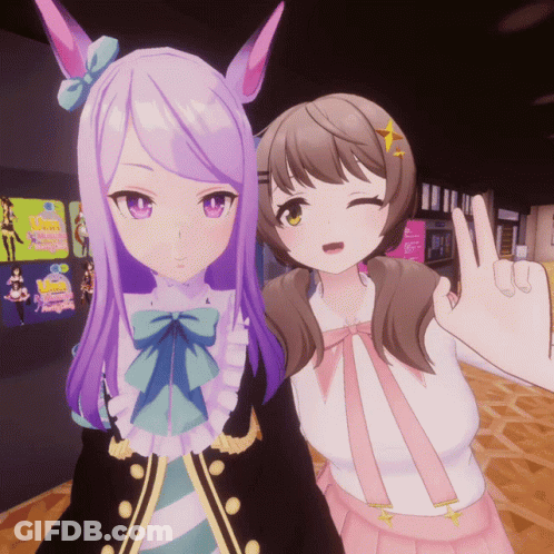 Two Anime Girls Posing With Uma Sign GIF