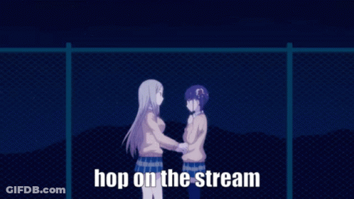 Two Anime Girls Shaking Hands Saying Hop On The Stream GIF