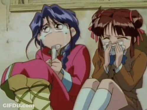 Two Anime Girls Sitting Next To Each Other With One Covering Her Mouth GIF
