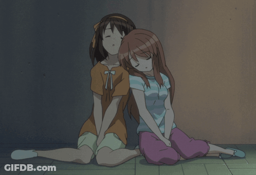 Two Anime Girls Sitting Together One Sleeping GIF