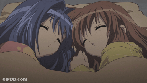 Two Anime Girls Sleeping On Bed GIF