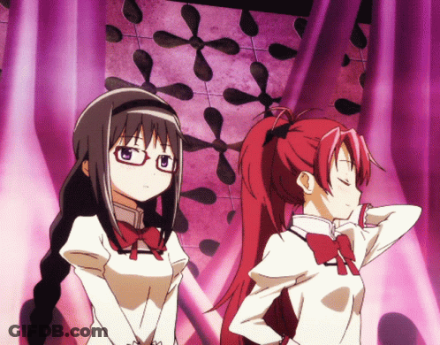 Two Anime Girls Standing Beside Pink Curtain GIF