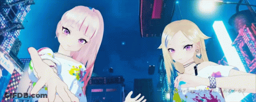 Two Anime Girls Standing By Plaza Building GIF