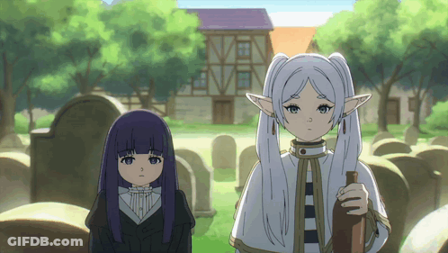 Two Anime Girls Standing In Cemetery GIF