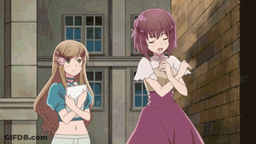 Two Anime Girls Standing In Front Of Brick Building GIF