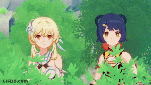 Two Anime Girls Standing Next To Each Other In The Woods GIF