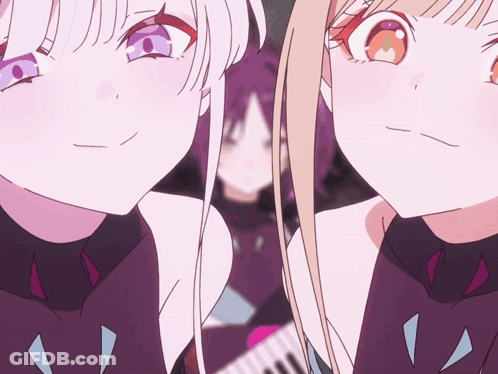 Two Anime Girls Standing Next To Each Other One With Purple Eyes GIF