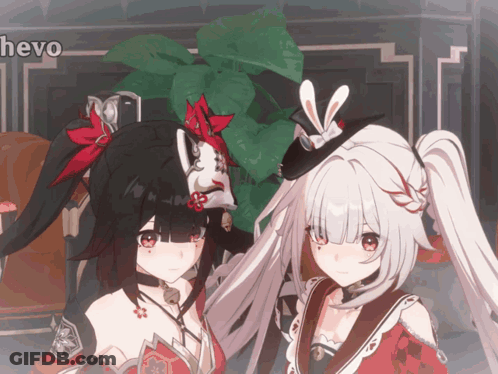 Two Anime Girls Standing Next To Each Other With Hevo GIF