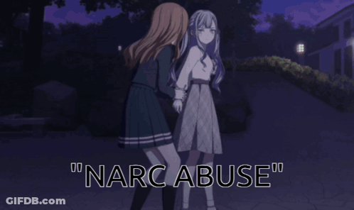 Two Anime Girls Standing Next To Each Other With The Words " Narc Abuse " Written Above Them GIF
