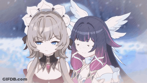 Two Anime Girls Standing, One With Purple Hair GIF