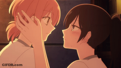 Two Anime Girls Touching Each Other 'S Faces With Their Hands GIF