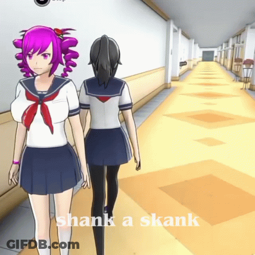 Two Anime Girls Walking Down Hallway Saying Shank A Skank GIF