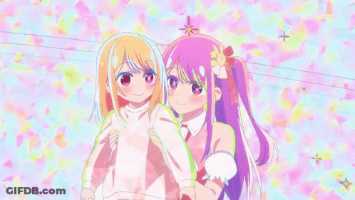 Two Anime Girls With Arms Outstretched Colorful Background GIF