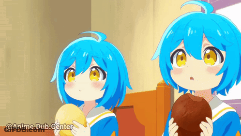 Two Anime Girls With Blue Hair And Yellow Eyes Are Holding A Donut GIF