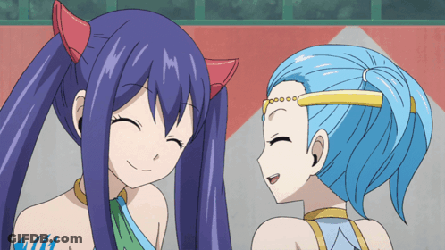 Two Anime Girls With Blue Hair Are Standing Next To Each Other Smiling GIF