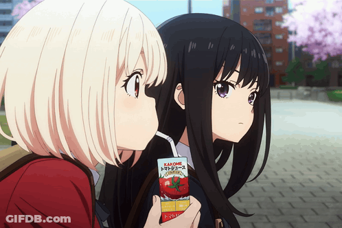 Two Anime Girls With Kagome Tomato Juice GIF