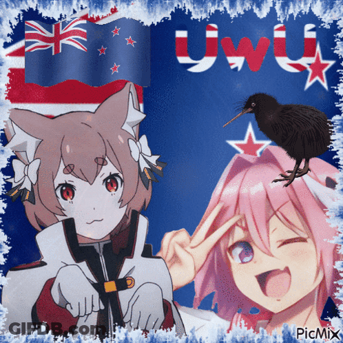 Two Anime Girls With Kiwi On Head And UWU GIF