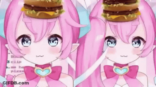 Anime Girls With Pink Hair And Blue Eyes Holding Hamburgers GIF