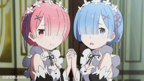 Two Anime Girls With Pink Hair And Blue Hair Are Holding Hands GIF