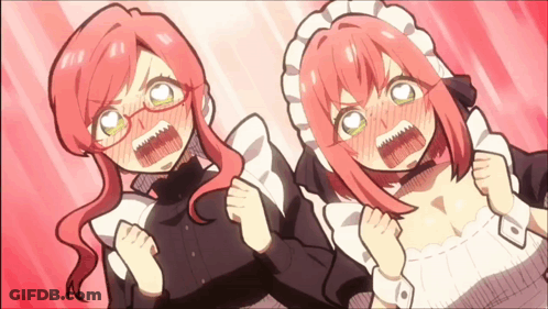 Two Anime Girls With Pink Hair And Glasses Mouths Open GIF
