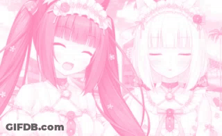 Two Anime Girls With Pink Hair Standing Together GIF