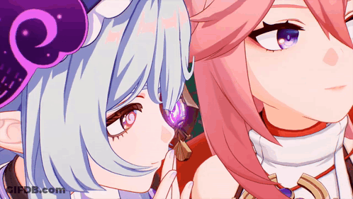 Two Anime Girls With Purple Eyes And Pink Hair GIF