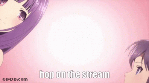 Two Anime Girls With Purple Hair Hop On The Stream GIF