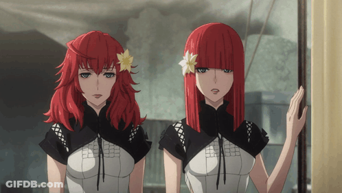 Two Anime Girls With Red Hair And Flowers GIF
